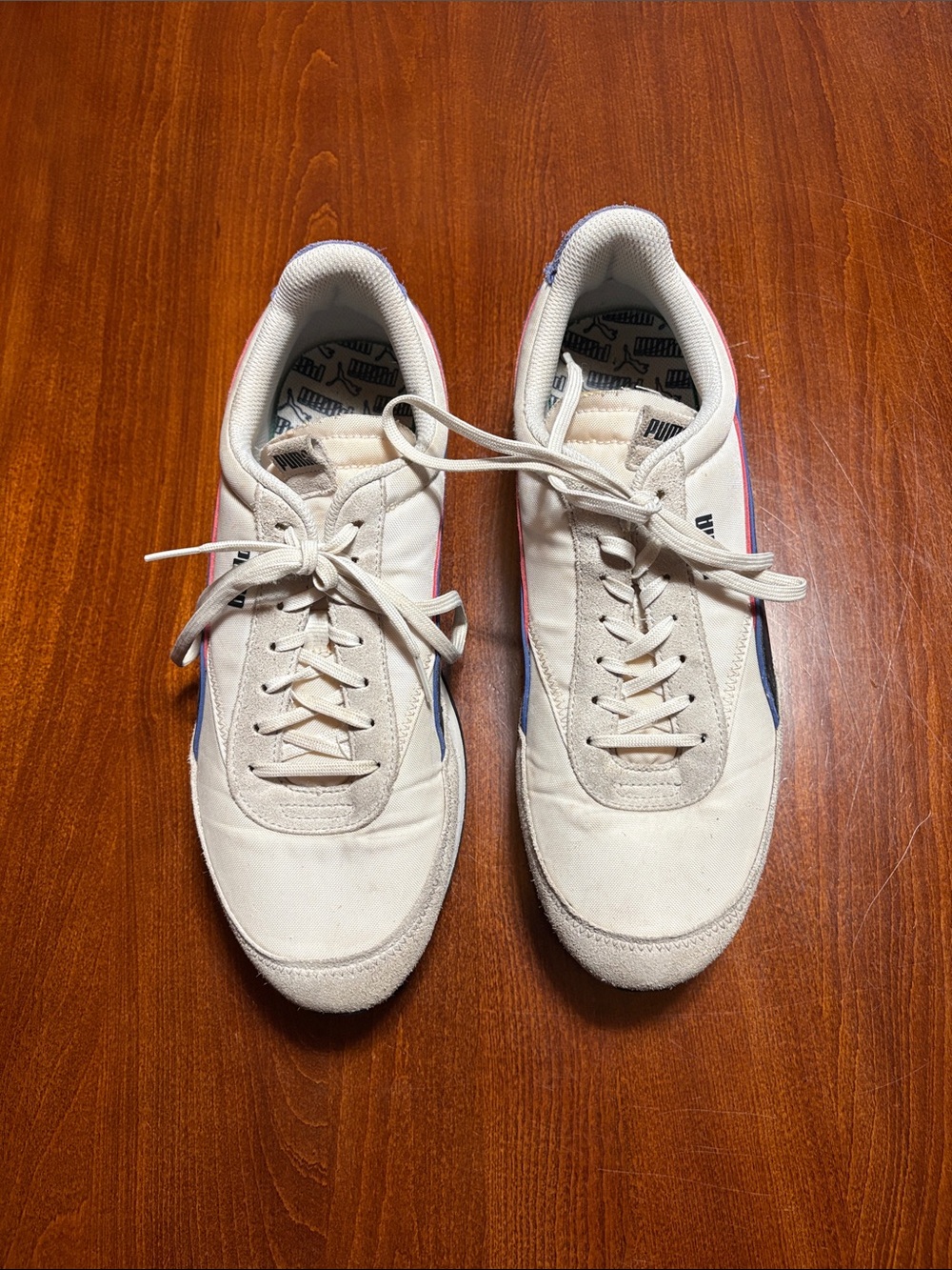 Puma Men’s Cream Sneakers with Blue and Red Stripes